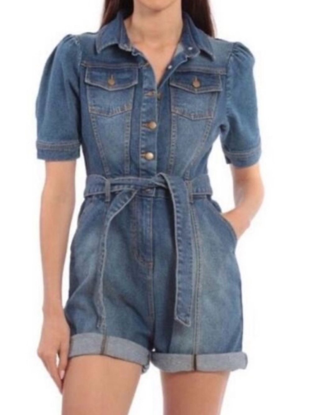 Avec Les Filles Denim Shorts Romper
